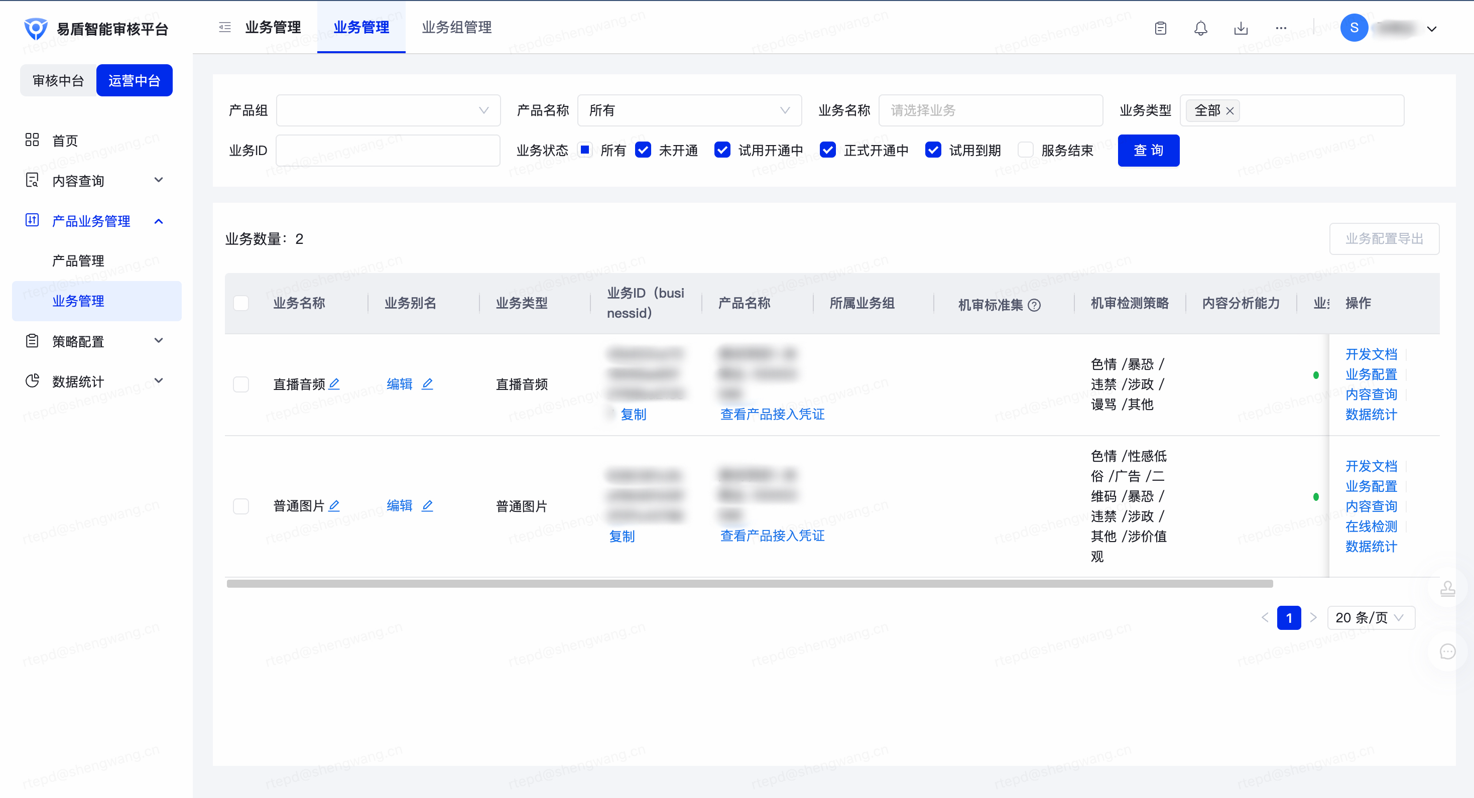 网易易盾后台的产品业务管理入口